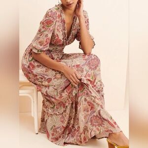Btfl-Life Maxi Dress Anthropologie Floral Bedecked Ruffle Puff Sleeve Large Tan
